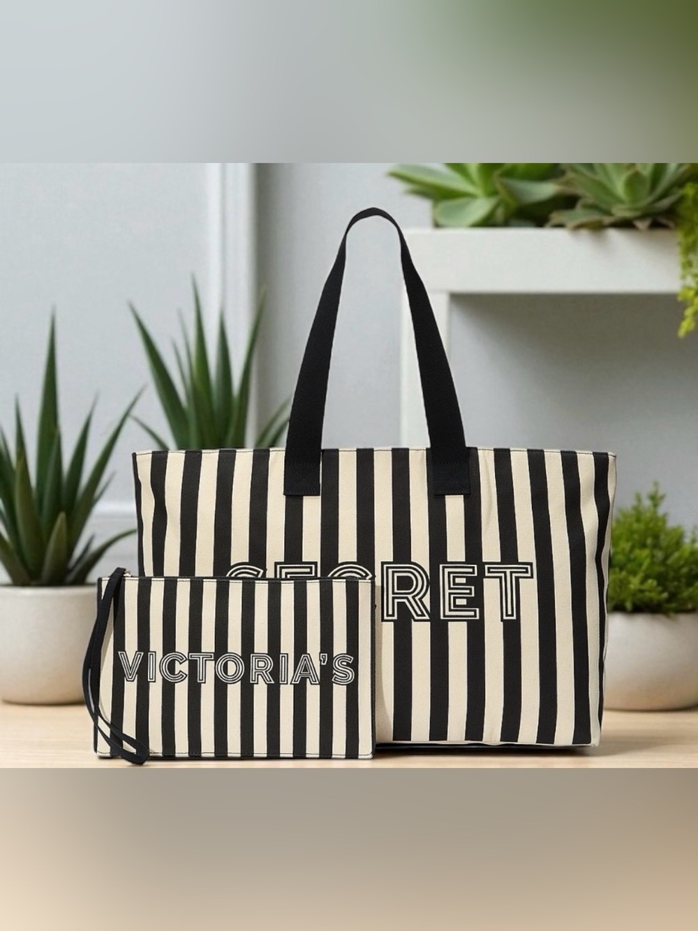 Victoria's Secret Black and Cream Striped Tote with Matching Pouch
